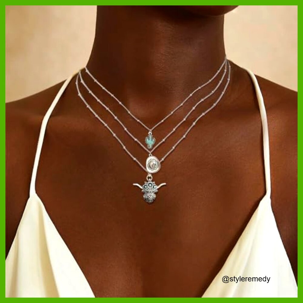 Layered Turquoise Statement Necklace Earrings Set… - image 2